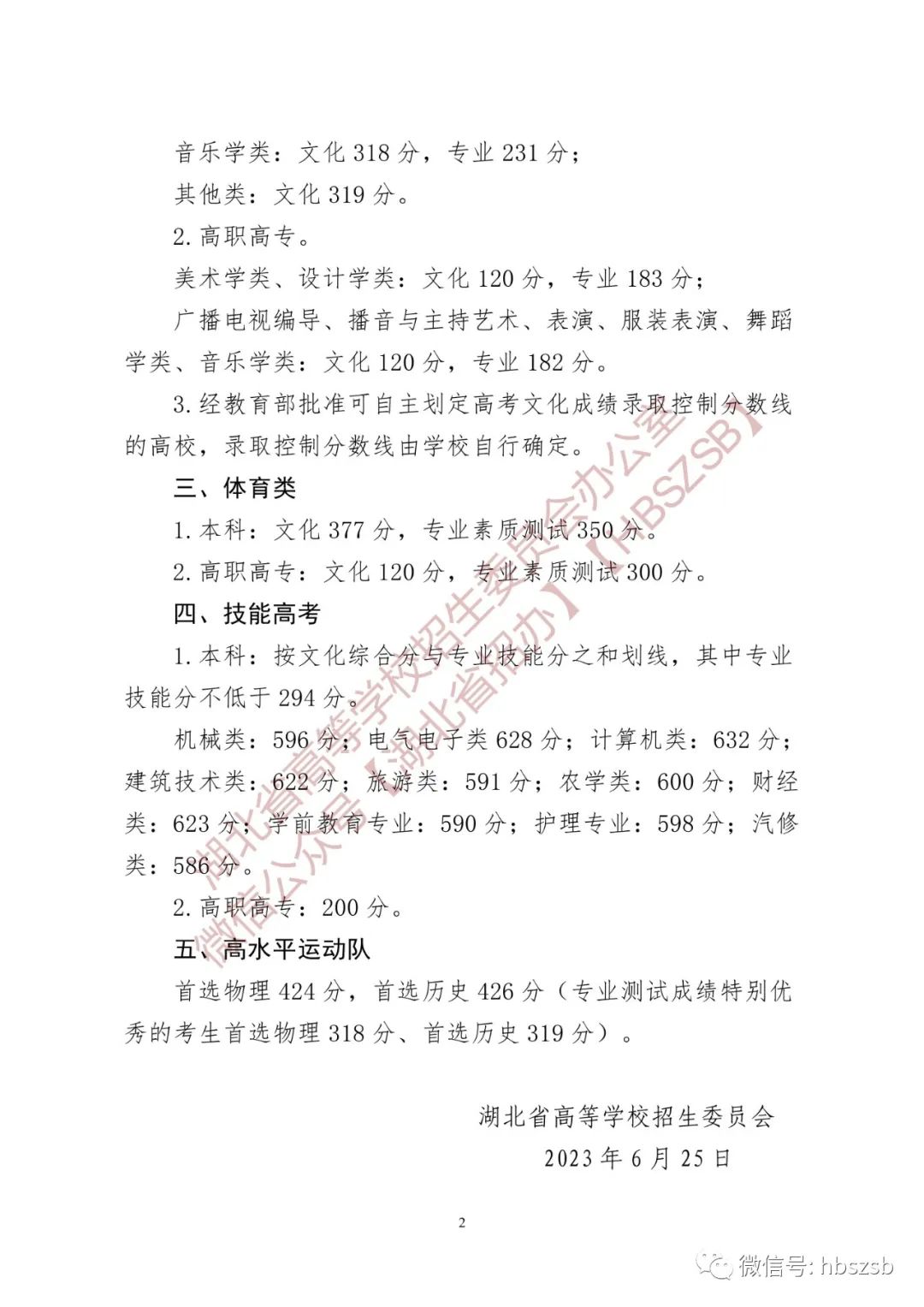 省招委关于湖北省2023年普通高校招生录取控制分数线的通知